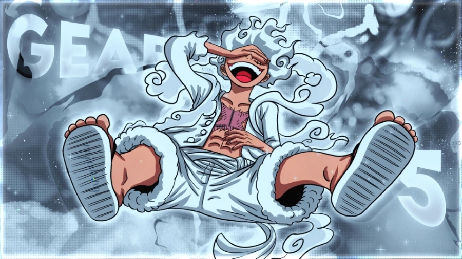 Hình nền máy tính anime cute Luffy Gear 5 với hiệu ứng tia sét và năng lượng dồi dào