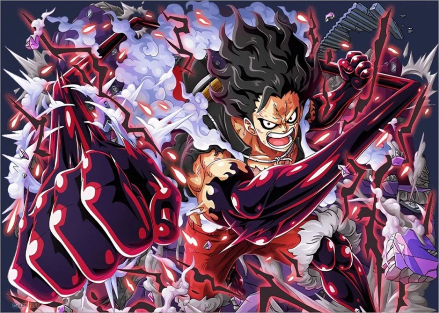 Hình nền máy tính anime cute Luffy Gear 5 với mái tóc trắng và đôi mắt rực sáng