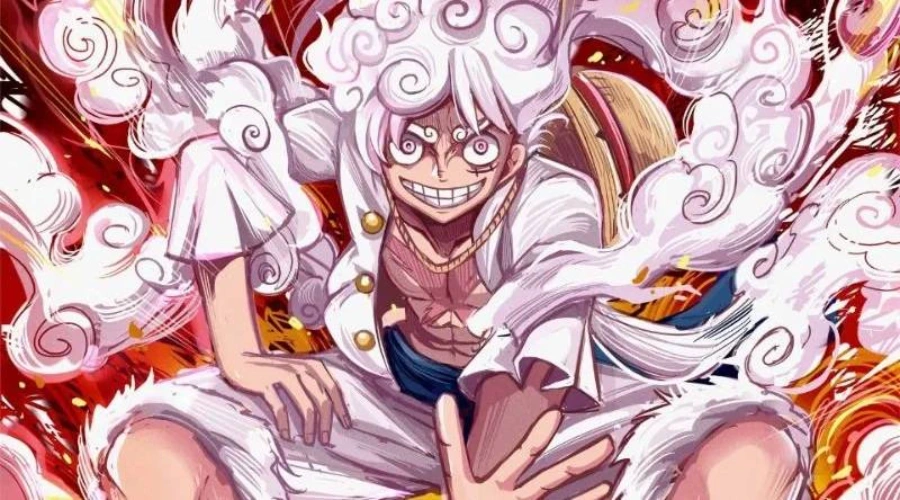 Hình nền máy tính anime cute Luffy Gear 5 với nụ cười sảng khoái và tự do