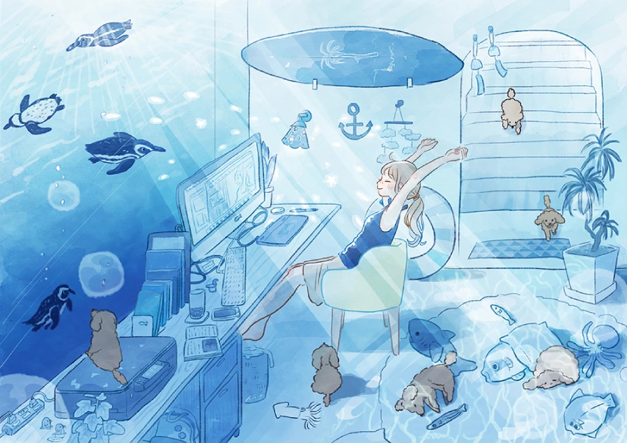 Hình nền máy tính anime cute màu xanh dương, nhân vật nữ đang vui vẻ dưới mưa