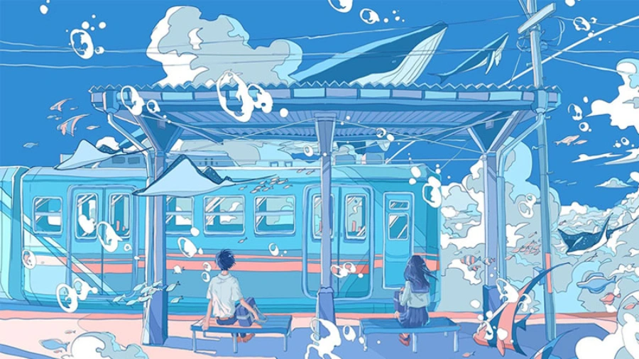 Hình nền máy tính anime cute màu xanh dương, cảnh quan dưới đáy biển với san hô rực rỡ