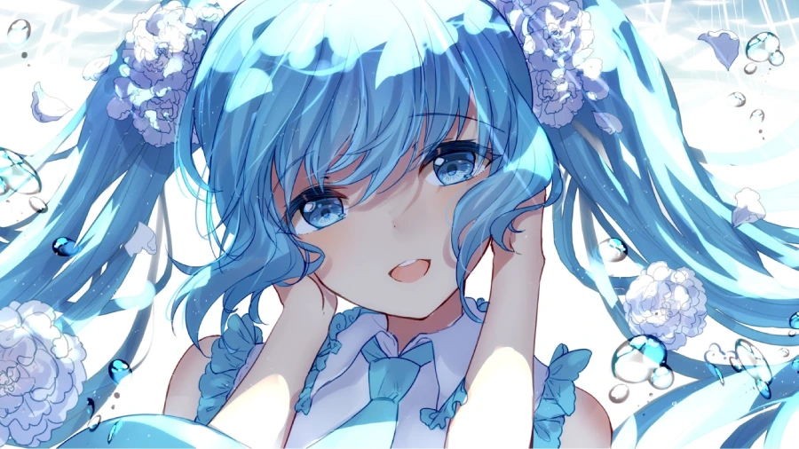 Hình nền máy tính anime cute màu xanh dương, bầu trời đêm đầy sao với ánh sáng xanh