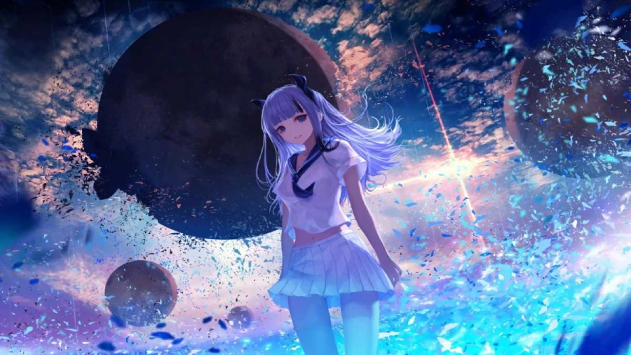 Hình nền máy tính anime cute màu xanh dương, cô gái với mái tóc xanh dịu dàng nhìn ra biển