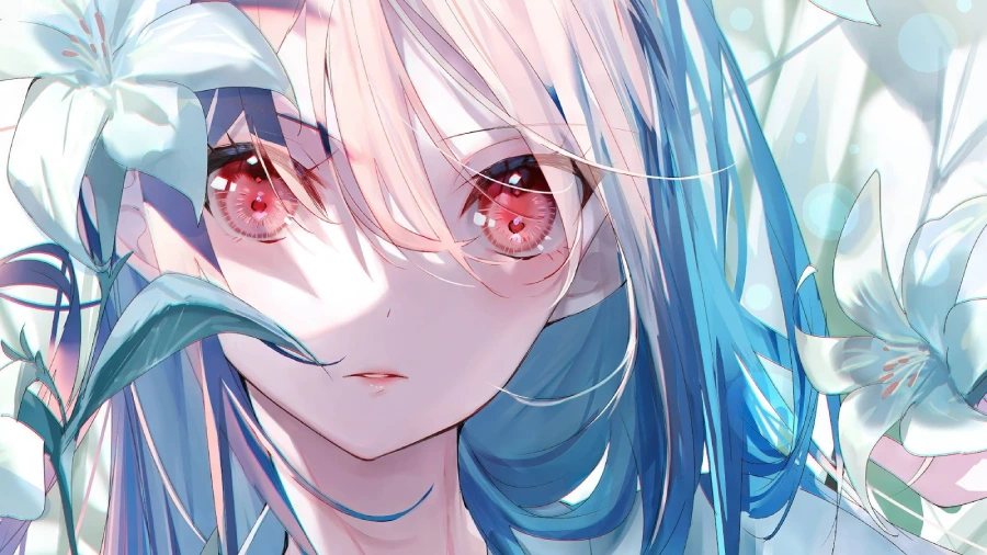 Hình nền máy tính anime cute màu xanh dương với nhân vật nữ trong bộ đồ bơi