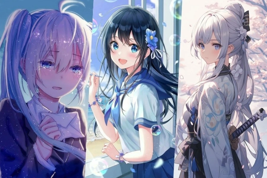 Hình nền máy tính anime cute nữ, nhân vật nữ với mái tóc màu tím và trang phục ma thuật