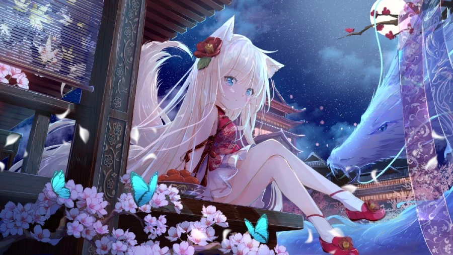 Hình nền máy tính anime cute nữ, nhân vật nữ đang đứng trên đỉnh núi với phong cảnh hùng vĩ