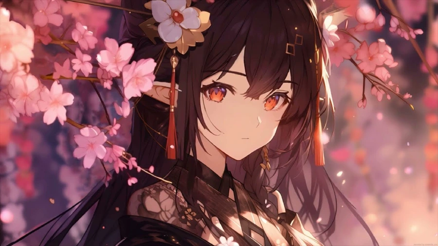 Hình nền máy tính anime cute nữ, cô gái ngồi trên cành cây với khung cảnh lãng mạn
