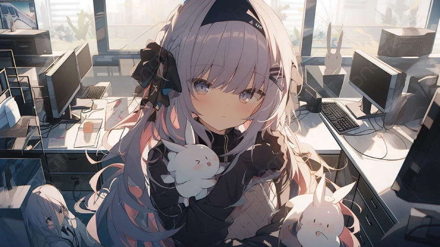 Hình nền máy tính anime cute nữ với nụ cười rạng rỡ và mái tóc dài