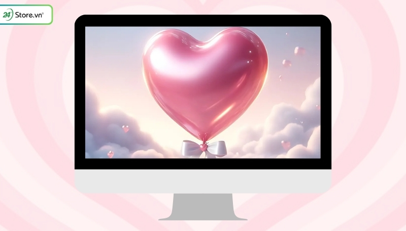 Hình nền máy tính 3D cute trái tim hồng cho không gian làm việc