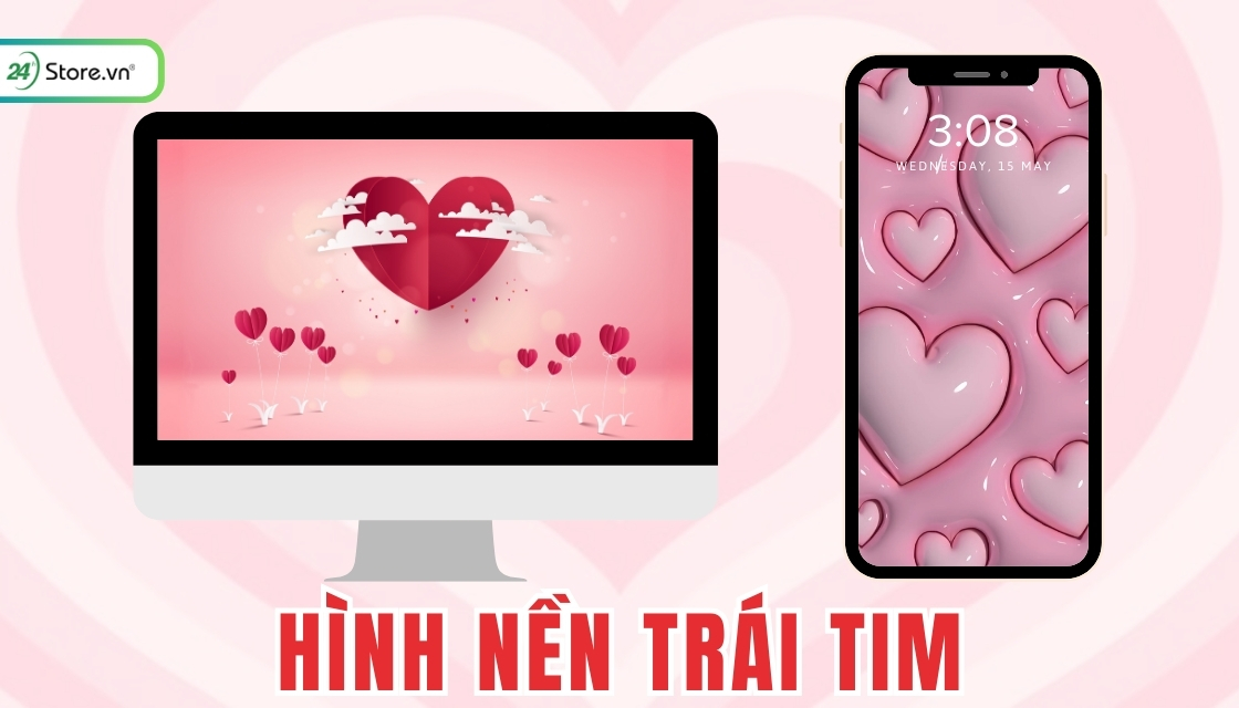 Hình nền máy tính 3D cute hình trái tim màu hồng nhạt