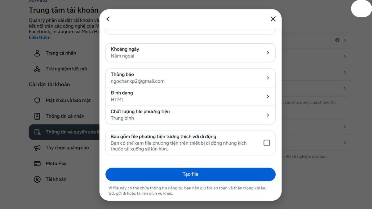 Hoàn tất sao lưu tin nhắn Messenger trên máy tính: Bước 5 - Điều chỉnh thông tin và tạo file tải xuống