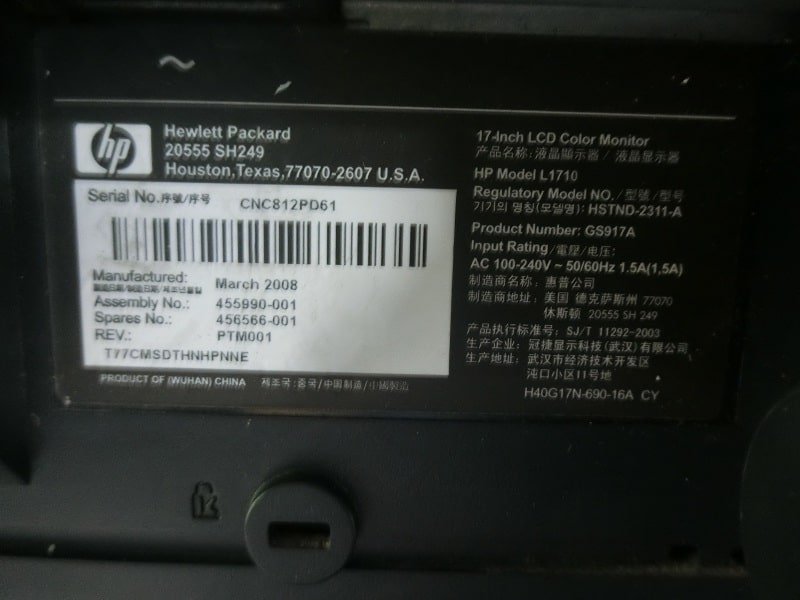Góc nhìn mặt sau của màn hình máy tính để bàn HP L1710 cũ