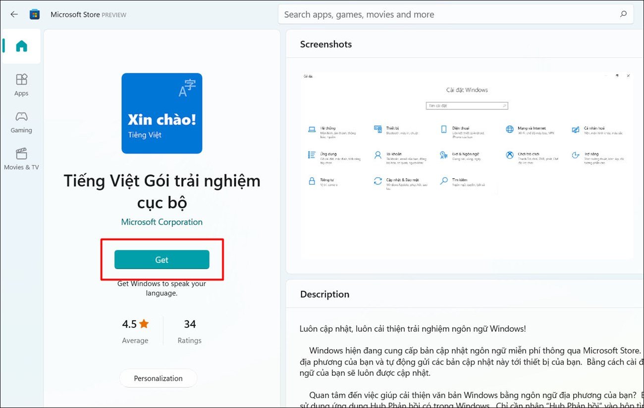 Tìm và tải gói trải nghiệm cục bộ tiếng Việt từ Microsoft Store