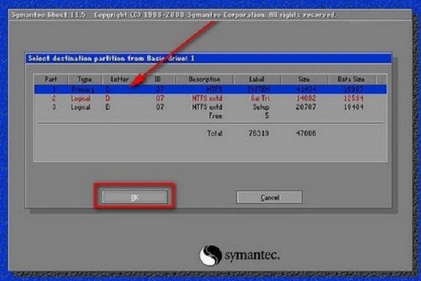 Chọn phân vùng đích trên ổ đĩa