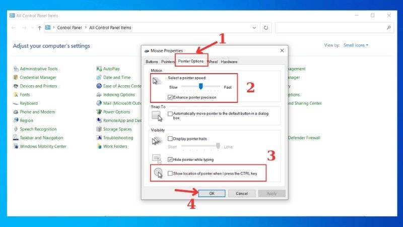 Tick chọn vào mục Show location of pointer when I press CTRL key