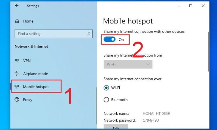 Bật chế độ On cho Mobile Hotspot