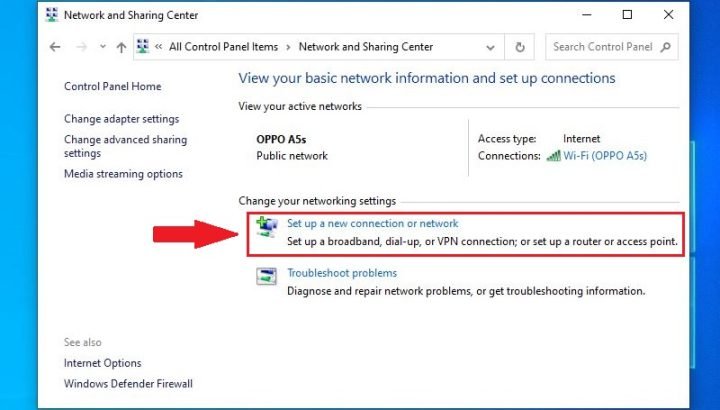 Chọn mục Set up a new connection or network trong mục Network Sharing Center