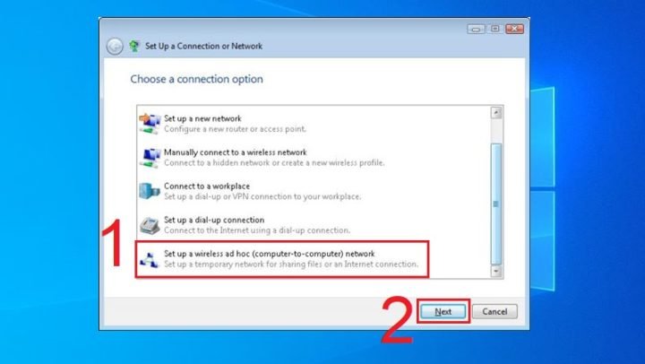 Chọn mục Set up wireless ad hoc (computer-to-computer) network trong cửa sổ Set Up a Connection or Network
