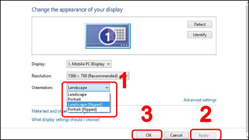 Chọn Landscape để đưa màn hình về mặc định