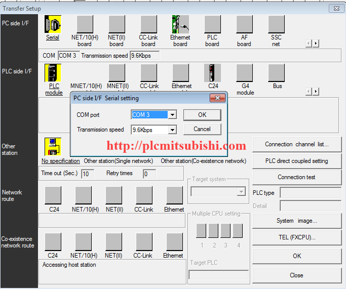 Cài đặt PC side I/F và chọn cổng COM cho kết nối PLC với máy tính