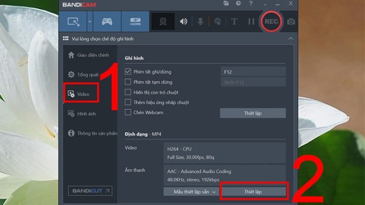 Trong pháº§n má»m Bandicam chá»n thiáº¿t láº­p video