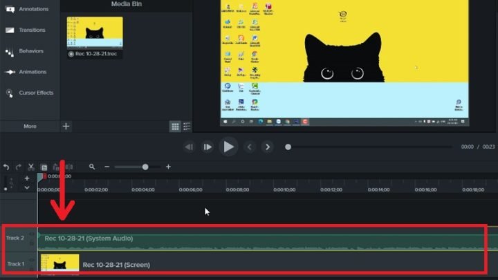 Timeline chỉnh sửa video trong Camtasia với Track 1 hình ảnh và Track 2 âm thanh