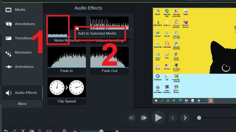 Kích chuột phải vào Noise Removal và chọn Add to Selected Media