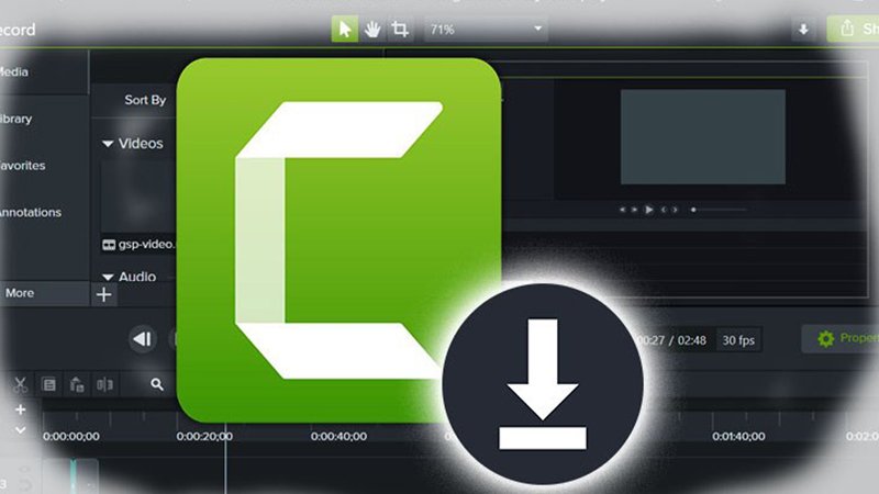 Màn hình tải xuống Camtasia Studio, hiển thị các tùy chọn cho Windows và macOS