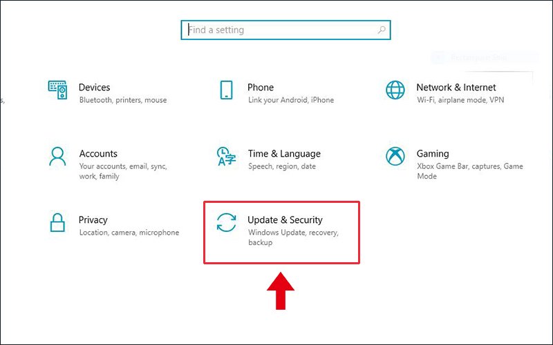 Tìm mục Cập nhật và Bảo mật trong Cài đặt Windows 10