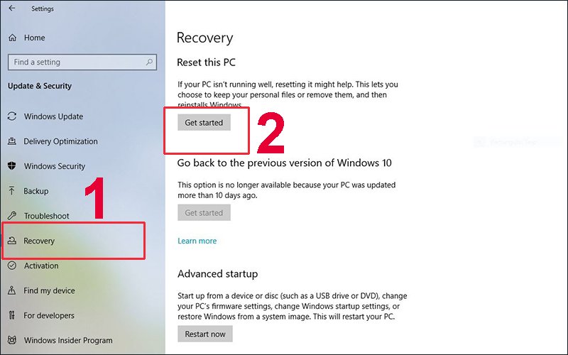 Chọn Bắt đầu tại mục Đặt lại PC này trong Windows 10