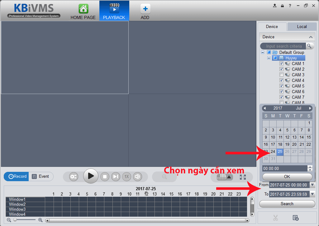 Chọn camera và ngày cần xem lại trên KBiVMS
