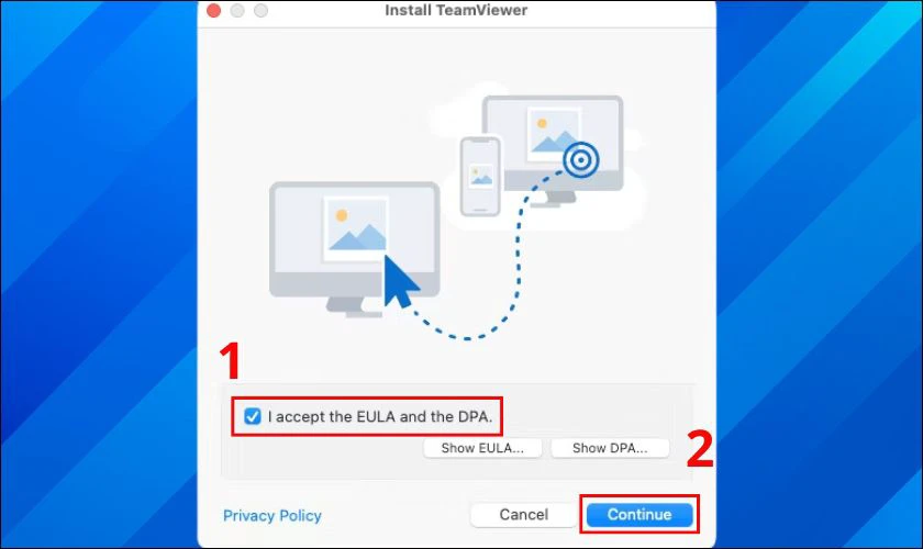Nháº¥p chá»n dòng chá»¯ I accept the EULA and the DPA, sau Ä‘ó nháº¥n Continue
