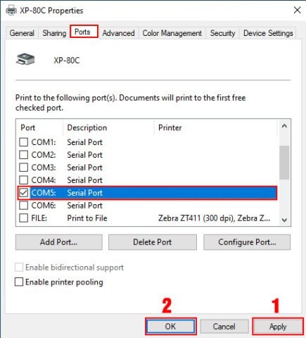 Bấm chọn cổng COM5 và Apply, OK để hoàn tất