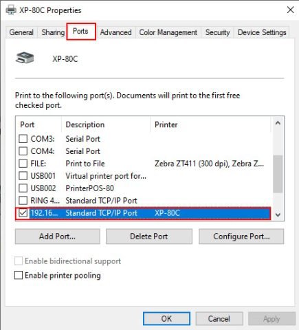 Chọn lại cổng Port TCP/IP mới cài cho máy in bill