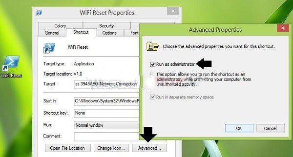 Bật tùy chọn Run as administrator cho shortcut WiFi Reset