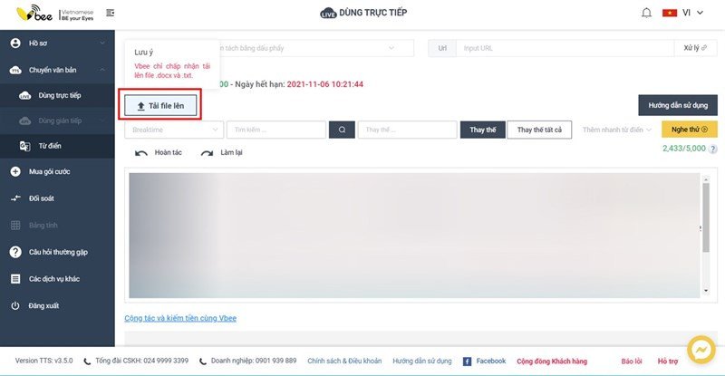 Khu vực nhập văn bản hoặc tải file để xử lý chuyển giọng nói thành văn bản trên máy tính bằng Vbee.