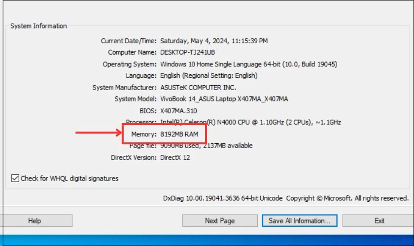 Thông tin RAM được hiển thị trong Dxdiag trên Win 10