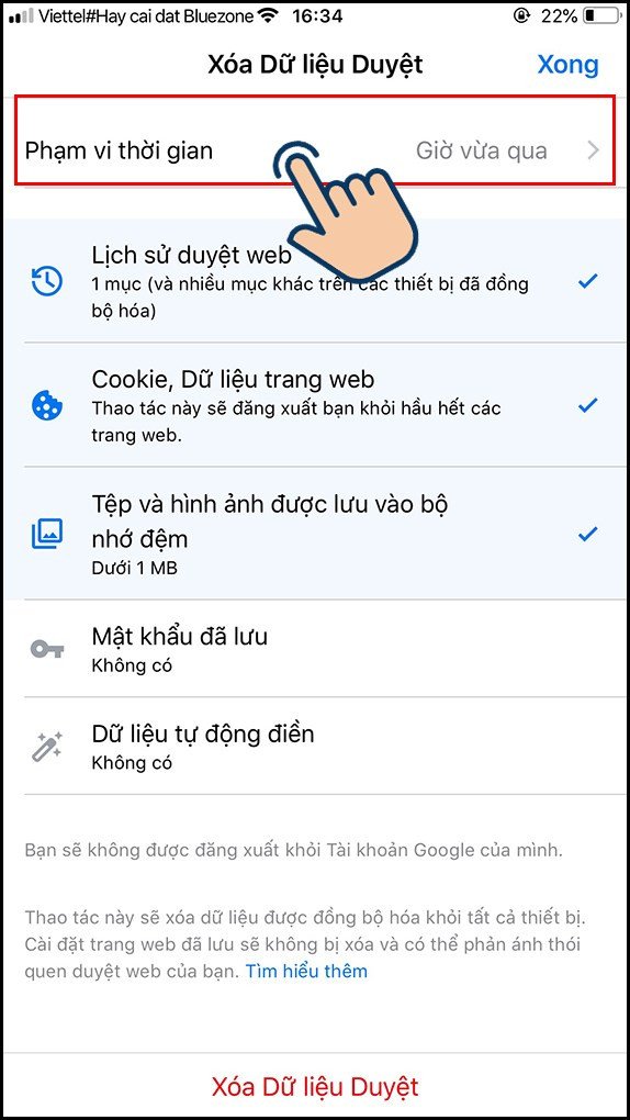 Lựa chọn mốc thời gian để xóa dữ liệu duyệt web trên Chrome di động