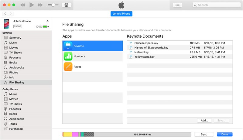 Giao diện iTunes trên macOS hiển thị tính năng chia sẻ tệp và ứng dụng