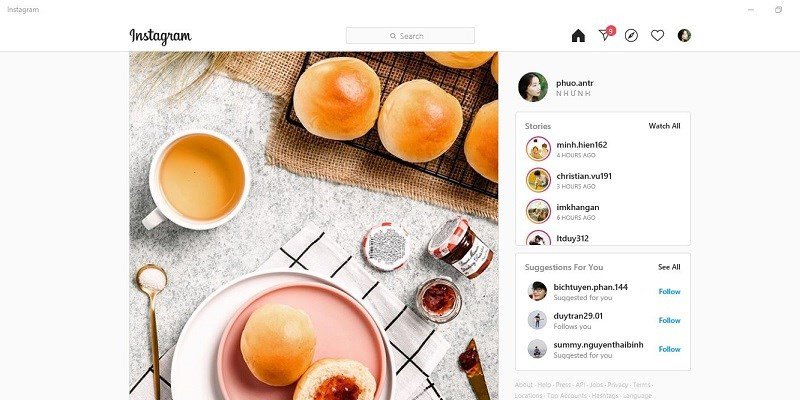 Màn hình chính Instagram sau khi đăng nhập thành công