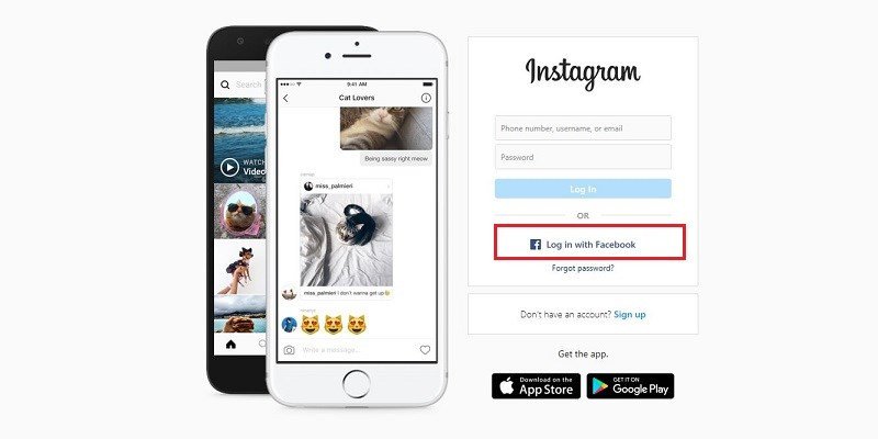 Màn hình đăng nhập Instagram với tùy chọn Facebook
