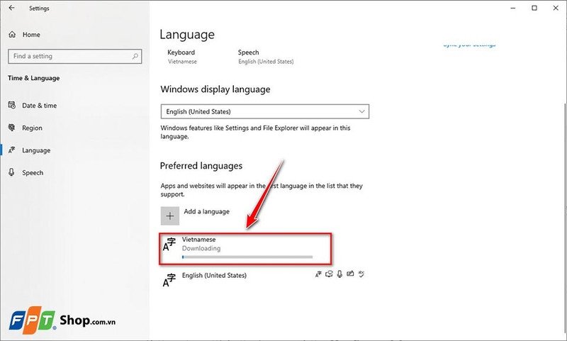 Màn hình hiển thị quá trình cài đặt gói ngôn ngữ Tiếng Việt