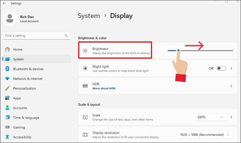 Kéo thanh Brightness để khắc phục màn hình máy tính bị tối