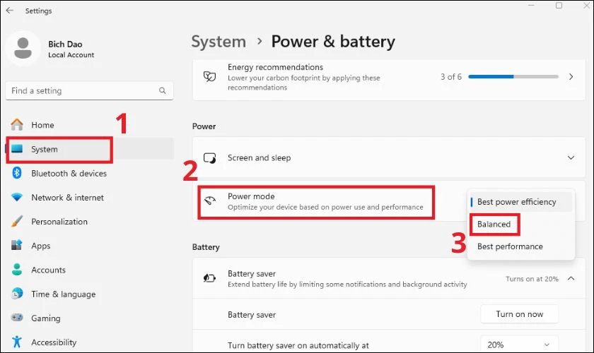 Chọn chế độ Balanced để khắc phục vì sao màn hình máy tính bị tối