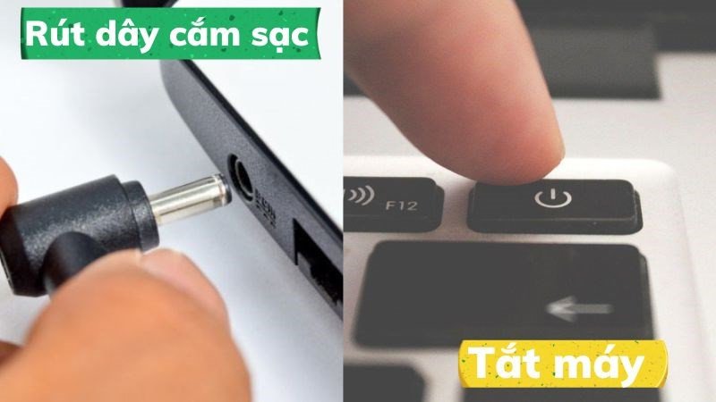 Màn hình laptop hiển thị nút tắt nguồn, nhấn mạnh tầm quan trọng của việc tắt máy trước khi vệ sinh