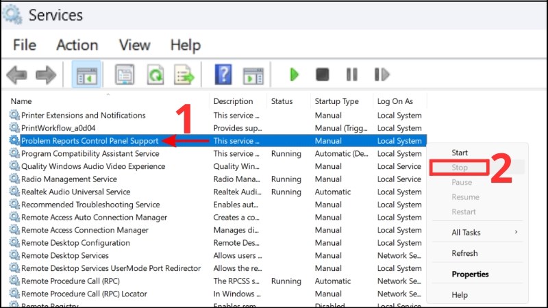 Tắt dịch vụ Problem Reports and Solution Control Panel Support