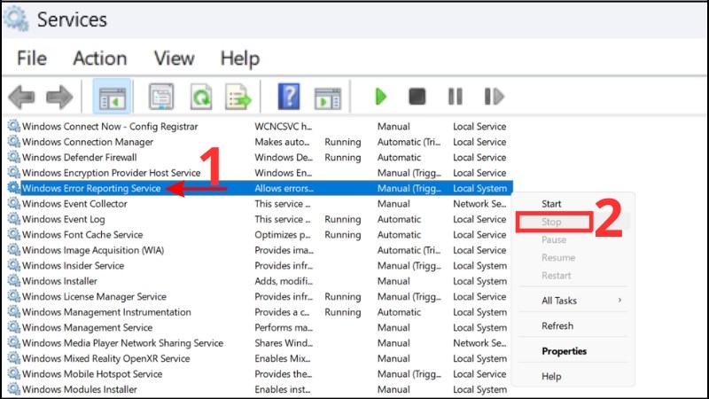 Tắt dịch vụ Windows Error Reporting Service để kiểm tra lỗi màn hình
