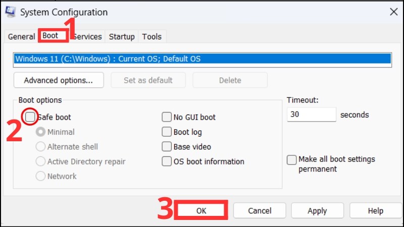 Vào tab Boot và chọn Safe boot để vào chế độ an toàn