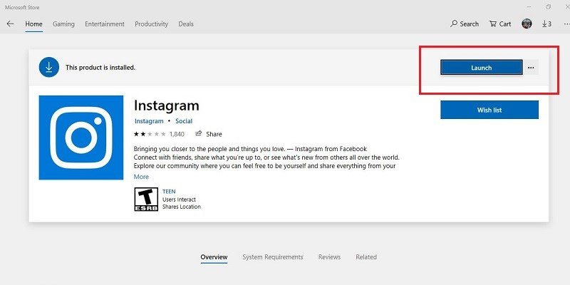 Màn hình ứng dụng Instagram đã cài đặt