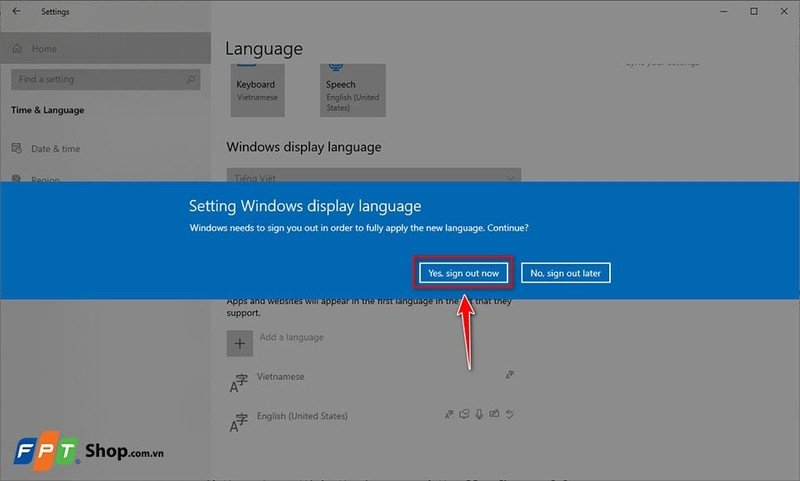 Màn hình yêu cầu người dùng đăng xuất để áp dụng thay đổi ngôn ngữ